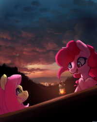Size: 2592x3240 | Tagged: safe, artist:rainsketch, imported from derpibooru, fluttershy, pinkie pie, pony, cloud, duo, female, lantern, looking at each other, looking at someone, mare, open mouth, open smile, prehensile mane, smiling, smiling at each other, sunset, twilight (astronomy)