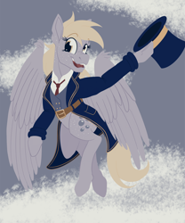 Size: 2000x2400 | Tagged: safe, artist:sixes&sevens, imported from derpibooru, derpy hooves, pegasus, pony, clothes, cloud, female, flying, freckles, hat, limited palette, necktie, smiling, solo, suit, top hat
