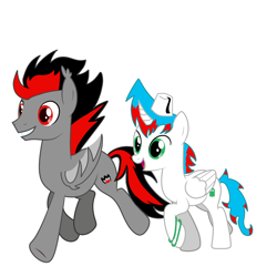 Size: 3000x3000 | Tagged: safe, artist:null-soka, imported from derpibooru, oc, oc only, oc:ashesfire, oc:ghost null, alicorn, bat pony, pony, alicorn oc, bat pony oc, bat wings, bracelet, curved horn, duo, ear fluff, ear tufts, female, folded wings, grin, hat, high res, hooves, horn, jewelry, male, open mouth, open smile, raised hoof, running, show accurate, simple background, smiling, tail, two toned mane, two toned tail, white background, wings