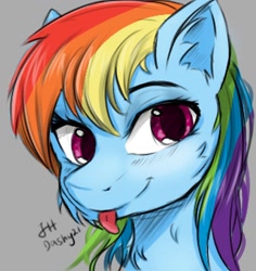 Size: 656x696 | Tagged: safe, artist:dashy21, imported from derpibooru, rainbow dash, pegasus, pony, :p, bust, ear fluff, female, gray background, looking at you, mare, portrait, signature, simple background, smiling, smiling at you, solo, tongue out