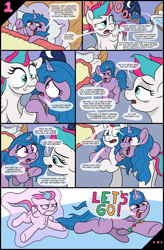 Size: 3000x4560 | Tagged: safe, artist:doodledonutart, imported from derpibooru, izzy moonbow, zipp storm, pegasus, pony, unicorn, comic:sunny's gift, comic, female, g5, levitation, magic, mare, telekinesis