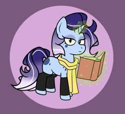 Size: 902x827 | Tagged: safe, artist:scraggleman, imported from derpibooru, oc, oc:flux moon-mist, unicorn, book, clothes, dark magic, emotionless, eyeliner, female, glowing, glowing horn, horn, levitation, magic, makeup, mare, scarf, socks, solo, tail, telekinesis