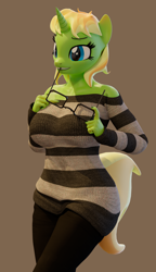 Size: 2360x4096 | Tagged: safe, artist:arcanetesla, imported from derpibooru, oc, oc:mysti tesla, anthro, unicorn, 3d, blender, busty mysti tesla, clothes, female, off shoulder, off shoulder sweater, simple background, solo, sweater