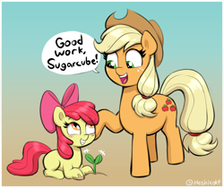 Size: 1968x1650 | Tagged: safe, artist:heretichesh, imported from derpibooru, apple bloom, applejack, earth pony, pony, adorabloom, applejack's hat, blushing, bow, cowboy hat, cute, dirty hooves, female, filly, foal, grin, hair bow, hair tie, hat, jackabetes, mare, plant, siblings, simple background, sisters, smiling, speech bubble, sprout, text