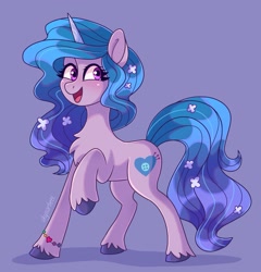 Size: 2107x2197 | Tagged: safe, alternate version, artist:skysorbett, imported from derpibooru, izzy moonbow, pony, unicorn, spoiler:g5, spoiler:my little pony: tell your tale, spoiler:tyts01e05, blue background, cute, flower, flower in hair, g5, izzybetes, mane melody, my little pony: tell your tale, open mouth, raised hoof, simple background, solo, unshorn fetlocks