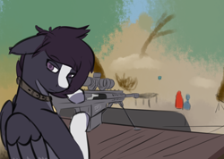 Size: 2000x1422 | Tagged: safe, imported from derpibooru, oc, pegasus, collar, gun, rifle, sketch, sniper, sniper rifle, weapon