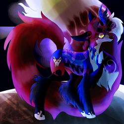 Size: 5800x5800 | Tagged: safe, artist:florarena-kitasatina/dragonborne fox, imported from derpibooru, oc, oc only, oc:foxfire, changedling, changeling, absurd resolution, crooked horn, half changeling, horn, red and black oc, signature, wat, watermark