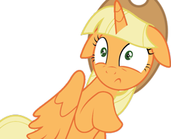 Size: 991x806 | Tagged: safe, artist:foxyfell1337, imported from derpibooru, applejack, alicorn, pony, the cutie map, alicornified, alternate hairstyle, applecorn, floppy ears, race swap, simple background, solo, transparent background