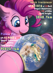 Size: 1600x2200 | Tagged: safe, artist:ravistdash, imported from derpibooru, hitch trailblazer, pinkie pie, earth pony, pony, spoiler:g5, destruction, earth, end of the world, female, g5, growth drive, hoofprints, macro, magic, ocean, pony bigger than a planet, size difference, smiling, smirk, some mares just want to watch the world burn, space, text, underhoof, water