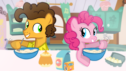 Size: 1280x720 | Tagged: safe, artist:mlplary6, imported from derpibooru, cheese sandwich, pinkie pie, earth pony, pony, cheesepie, cooking, female, looking at each other, looking at someone, male, mare, shipping, smiling, stallion, straight