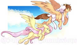 Size: 1600x935 | Tagged: safe, artist:miphassl, imported from derpibooru, fluttershy, pegasus, pony, sheep, them's fightin' herds, commission, community related, fanart, female, flying, friendly, kingdom hearts, male, pom (tfh), sora, trio