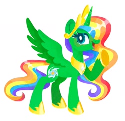 Size: 1603x1559 | Tagged: safe, artist:squididdlee, imported from derpibooru, oc, oc only, alicorn, pony, alicorn oc, female, full body, hoof shoes, hooves, horn, jewelry, mare, multicolored hair, multicolored mane, multicolored tail, open mouth, open smile, peytral, rainbow hair, rainbow tail, raised hoof, simple background, smiling, solo, spread wings, standing, tail, tiara, white background, wings