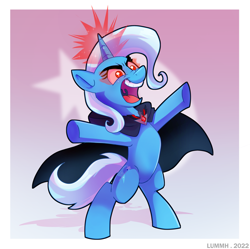 Size: 3253x3244 | Tagged: safe, artist:lummh, imported from derpibooru, trixie, pony, unicorn, magic duel, alicorn amulet, bipedal, cape, clothes, evil, evil trixie, female, glowing, glowing eyes, glowing horn, horn, laughing, magic, mare, open mouth, red eyes, smiling, solo