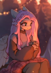 Size: 2316x3275 | Tagged: safe, artist:myscherri, imported from derpibooru, fluttershy, anthro, blurry background, braid, clothes, cute, female, high res, mug, shyabetes, solo, sweater, sweatershy, tree