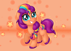 Size: 2828x2030 | Tagged: safe, artist:background basset, imported from derpibooru, sunny starscout, earth pony, pony, abstract background, braided ponytail, cute, female, g5, grin, happy, high res, looking at you, mare, multicolored hair, rainbow hair, raised hoof, smiling, solo, stars, sunnybetes, unshorn fetlocks