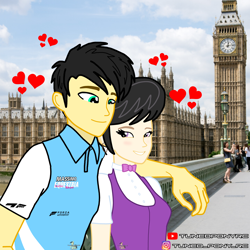 Size: 4096x4096 | Tagged: safe, artist:forzaveteranenigma, imported from derpibooru, octavia melody, oc, oc:assetto-forza massimo, human, equestria girls, big ben, canon x oc, elizabeth tower, female, heart, humanized, instagram, irl, irl human, london, looking at each other, looking at someone, love, male, photo, real life background, shipping, smiling, smiling at each other, straight, youtube