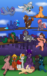 Size: 1200x1920 | Tagged: safe, artist:brushwork, imported from derpibooru, oc, oc only, oc:banana pie, oc:belgian waffle, oc:brushwork, oc:caffeine hazard, oc:cloudcover, oc:frostfall, oc:hyde, oc:input-command, oc:noxy, oc:windy dripper, oc:zephyr wing, alicorn, earth pony, pegasus, pony, unicorn, group photo