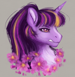 Size: 3100x3200 | Tagged: safe, artist:roselord, imported from derpibooru, twilight sparkle, alicorn, pony, alternate hairstyle, flower, gray background, simple background, stern, twilight sparkle (alicorn)