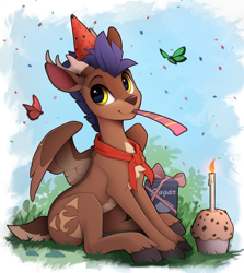 Size: 1500x1680 | Tagged: safe, artist:yakovlev-vad, imported from derpibooru, oc, oc only, oc:arny, butterfly, deer, deer pony, original species, peryton, birthday, candle, colored belly, colored wings, cupcake, cute, food, hat, lacrimal caruncle, looking at you, pale belly, party hat, party horn, sitting, slim, solo, thin, two toned wings, wings