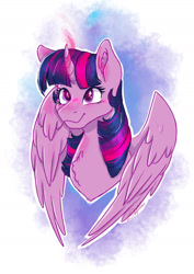 Size: 1280x1811 | Tagged: safe, artist:delfinaluther, imported from derpibooru, twilight sparkle, alicorn, pony, unicorn, bust, curved horn, happy, horn, magic, portrait, solo, spell, twilight sparkle (alicorn), wings