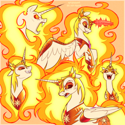 Size: 2500x2500 | Tagged: safe, artist:syrupyyy, imported from derpibooru, daybreaker, alicorn, pony, angry, crown, evil grin, fangs, female, glowing, glowing horn, grin, helmet, hoof shoes, horn, jewelry, magic, mare, open mouth, orange background, regalia, simple background, smiling, solo