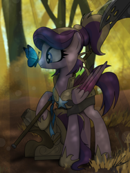 Size: 3000x4000 | Tagged: safe, artist:flaremoon, imported from derpibooru, oc, oc only, oc:shooting star (r&f), butterfly, pegasus, pony, armor, butterfly on nose, female, forest, guardsmare, halberd, helmet, insect on nose, mare, royal guard, solo, weapon