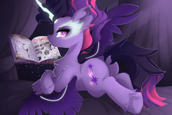 Size: 1280x854 | Tagged: safe, artist:natanvok, imported from derpibooru, twilight sparkle, alicorn, pony, equestria girls, book, butt, chest fluff, equestria girls ponified, fluffy, lying down, magic, midnight sparkle, plot, ponified, prone, solo