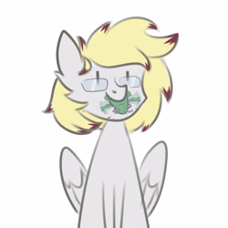 Size: 3000x3000 | Tagged: safe, artist:tanatos, imported from derpibooru, oc, oc only, oc:ludwig von leeb, frog, pegasus, pony, toad, blonde hair, glasses, help, male, mouth hold, simple background, solo, stallion, white background, wings