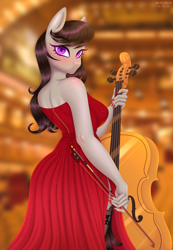 Size: 2766x4000 | Tagged: safe, artist:gunya, imported from derpibooru, octavia melody, anthro, earth pony, blushing, cello, clothes, dress, female, looking back, musical instrument, nails, purple eyes, red dress, solo, stockings, strapless, strapless dress, thigh highs