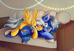 Size: 1500x1033 | Tagged: safe, artist:chaosangeldesu, imported from derpibooru, oc, oc only, oc:lightning faraday, oc:midnight, pegasus, pony, unicorn, couch, cute, garland, happy, horn, hug, looking at each other, looking at someone, love, male, married couple, pegasus oc, shipping, stallion, unicorn oc