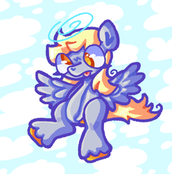 Size: 1445x1459 | Tagged: safe, artist:toaestt, imported from derpibooru, derpy hooves, pegasus, pony, blue background, cloud, digital art, eyelashes, female, simple background, sitting, solo, spread wings, tongue out, wings