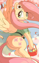 Size: 1881x3000 | Tagged: safe, artist:nookprint, imported from derpibooru, fluttershy, pegasus, pony, aside glance, basket, butt, clothes, cute, daaaaaaaaaaaw, dock, dress, easter, easter egg, female, flower, flower in hair, flutterbutt, high res, holiday, hoof hold, looking at you, mare, plot, shyabetes, skirt, smiling, smiling at you, solo, spread wings, tail, vertical, windswept mane, wings
