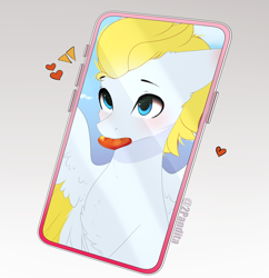 Size: 2032x2100 | Tagged: safe, artist:2pandita, imported from derpibooru, oc, oc only, pegasus, pony, cellphone, chest fluff, heart, male, mouth hold, phone, simple background, smartphone, solo, spread wings, wings