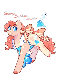 Size: 1056x1290 | Tagged: safe, artist:jaysey, imported from derpibooru, oc, oc only, oc:sunny sundae swirls, earth pony, pony, apron, bow, clothes, coat markings, female, hair bow, mare, offspring, parent:cheese sandwich, parent:pinkie pie, parents:cheesepie, simple background, solo, tail, tail bow, transparent background