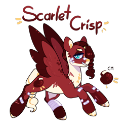 Size: 1223x1240 | Tagged: safe, artist:jaysey, imported from derpibooru, oc, oc only, oc:scarlet crisp, pegasus, pony, bandage, bandaid, bandaid on nose, colored hooves, female, grin, mare, offspring, parent:big macintosh, parent:fluttershy, parents:fluttermac, scar, simple background, smiling, solo, spread wings, transparent background, wings