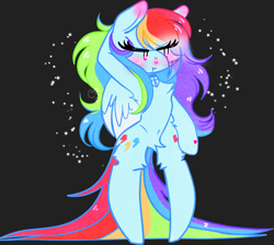 Size: 1994x1788 | Tagged: safe, artist:cutiesparke, imported from derpibooru, rainbow dash, pegasus, semi-anthro, alternate cutie mark, bipedal, black background, blushing, chest fluff, choker, embarrassed, female, fluffy, hoof heart, long hair, looking sideways, mare, simple background, solo, sparkles, stars