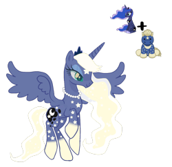 Size: 3316x3204 | Tagged: safe, artist:lavender-bases, artist:vernorexia, imported from derpibooru, princess luna, oc, alicorn, pony, adoptable, blonde, body markings, colored hooves, ethereal mane, eyeshadow, facial markings, fusion, g4, gradient legs, jewelry, makeup, markings, necklace, pearl necklace, princess, simple background, solo, starry mane, stars, tiara, transparent background, webkinz, webkinz starry stallion