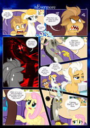 Size: 3259x4607 | Tagged: safe, artist:estories, imported from derpibooru, discord, fluttershy, oc, oc:fable, oc:golden jewel, draconequus, pegasus, pony, comic:nevermore, angry, comic, couch, cup, discord being discord, eyes closed, fangs, floppy ears, glowing, glowing eyes, laughing, looking at you, looking back, looking back at you, pegasus oc, red eyes, scared, silhouette, sitting, speech bubble, table, tea kettle, teacup, trolling, unshorn fetlocks