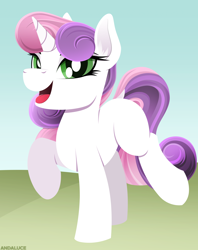 Size: 1984x2500 | Tagged: safe, artist:andaluce, imported from derpibooru, sweetie belle, pony, unicorn, blank flank, cute, female, filly, foal, lineless, smiling, solo