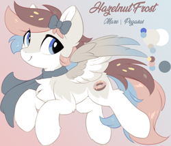 Size: 1319x1130 | Tagged: safe, artist:hioshiru, imported from derpibooru, oc, oc only, oc:hazelnut frost, pegasus, pony, bow, chest fluff, clothes, cute, donut, eye clipping through hair, female, food, hair bow, leg fluff, looking at you, mare, multicolored mane, multicolored tail, pegasus oc, reference sheet, scarf, smiling, smiling at you, solo, spread wings, tail, tricolored mane, tricolored tail, wings