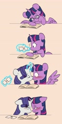 Size: 2066x4096 | Tagged: safe, artist:chub-wub, imported from derpibooru, rarity, twilight sparkle, alicorn, pony, unicorn, bedroom eyes, blushing, book, comic, cute, duo, female, glasses, glowing, glowing horn, horn, kissing, lesbian, levitation, looking at each other, looking at someone, magic, mare, raribetes, rarilight, shipping, spread wings, telekinesis, twiabetes, twilight sparkle (alicorn), wingboner, wings