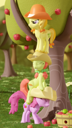 Size: 2160x3840 | Tagged: safe, artist:xppp1n, imported from ponybooru, berry punch, berryshine, jonagold, marmalade jalapeno popette, peachy sweet, 3d, apple family member, apple orchard, blender, blender cycles, orchard, pony pile, scene interpretation, tower of pony