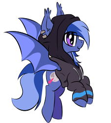 Size: 1686x1867 | Tagged: safe, artist:cyberus_art, imported from ponybooru, oc, oc only, oc:silent night, bat pony, pony, bat pony oc, bat wings, blue coat, blue wings, clothes, ear fluff, ear piercing, ears, female, hoodie, mare, piercing, purple eyes, sfw, simple background, smiling, solo, thestral, transparent background, wings