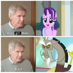 Size: 1100x1100 | Tagged: safe, edit, edited screencap, imported from derpibooru, screencap, discord, starlight glimmer, draconequus, pony, unicorn, a matter of principals, harrison ford, meme