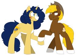 Size: 2593x1878 | Tagged: safe, artist:2k.bugbytes, imported from ponybooru, oc, oc only, oc:acres, oc:flash reboot, earth pony, pony, unicorn, cowboy hat, female, hat, hoofholding, male, mare, oc x oc, ponybooru collab 2022, shipping, simple background, stallion, stetson, straight, transparent background