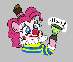Size: 254x215 | Tagged: safe, artist:jargon scott, pinkie pie, earth pony, pony, aggie.io, clothes, clown, costume, female, honk, horn, lowres, mare, simple background, smiling
