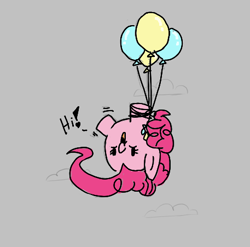 Size: 457x451 | Tagged: safe, pinkie pie, earth pony, pony, aggie.io, balloon, cloud, female, flying, mare, open mouth, simple background, smiling, upside down