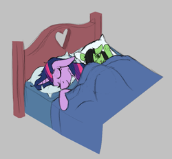 Size: 747x694 | Tagged: safe, twilight sparkle, oc, oc:filly anon, pony, unicorn, aggie.io, bed, blanket, eyes closed, female, filly, mare, open mouth, pillow, simple background, sleeping, smiling