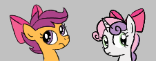 Size: 226x88 | Tagged: safe, artist:algoatall, scootaloo, sweetie belle, pegasus, pony, unicorn, aggie.io, bow, female, filly, frown, lowres, mare, simple background