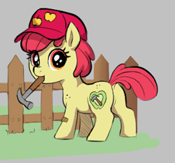 Size: 325x303 | Tagged: safe, artist:crade, apple bloom, earth pony, pony, aggie.io, body freckles, dock, female, fence, filly, freckles, hammer, hat, looking back, lowres, mare, mouth hold, simple background, smiling